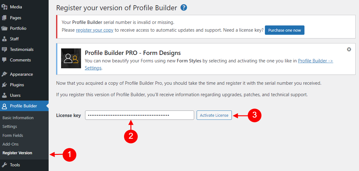 activating profile builder pro license