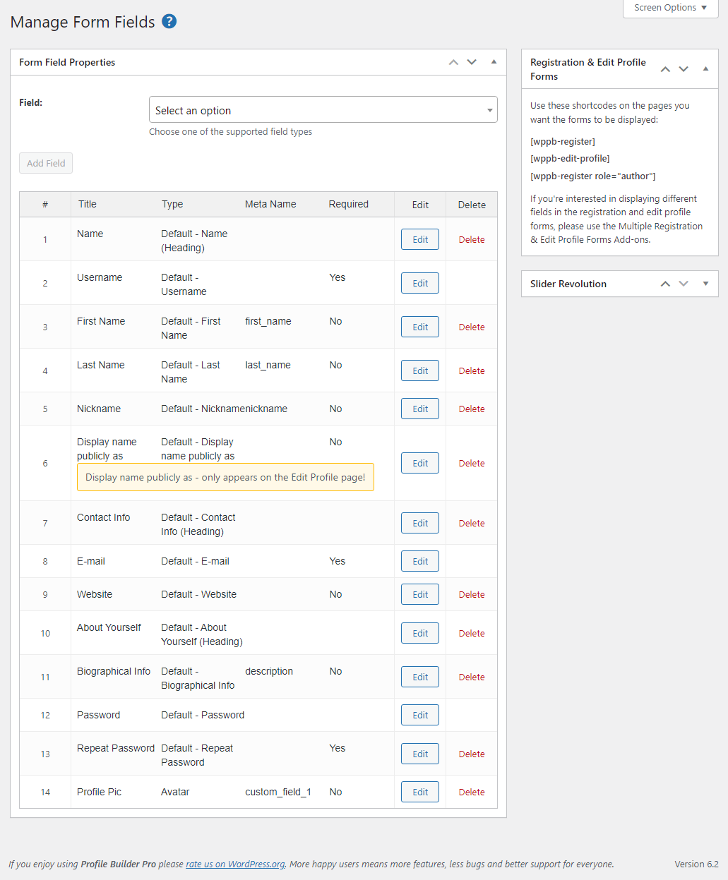 manage profile builder form fields