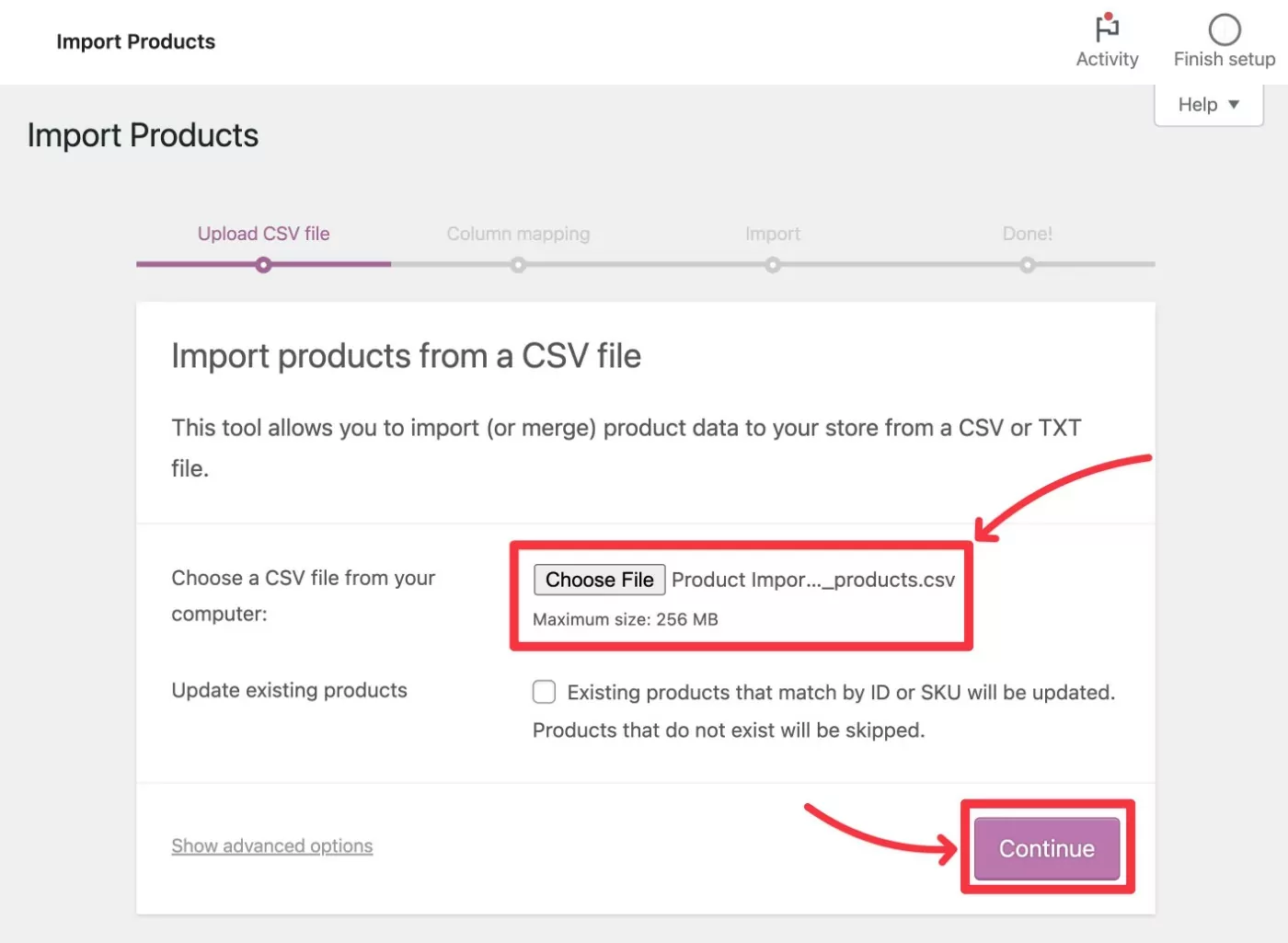 Choose your product CSV file