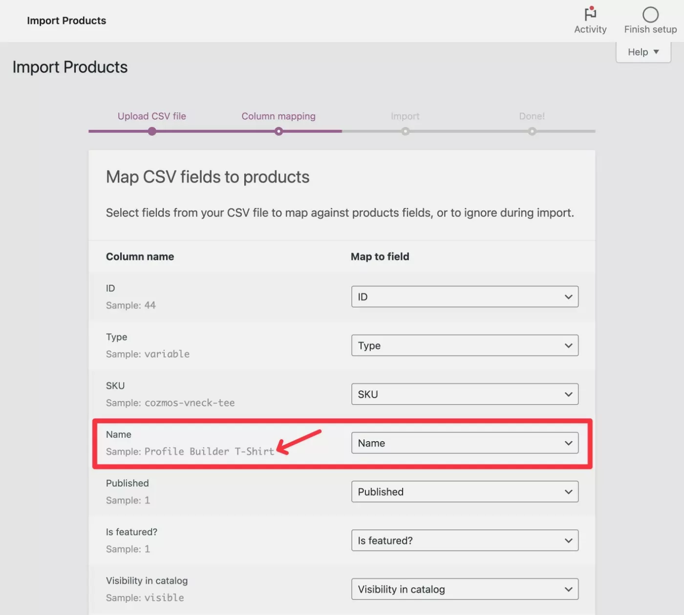 Map CSV fields to WooCommerce producgts