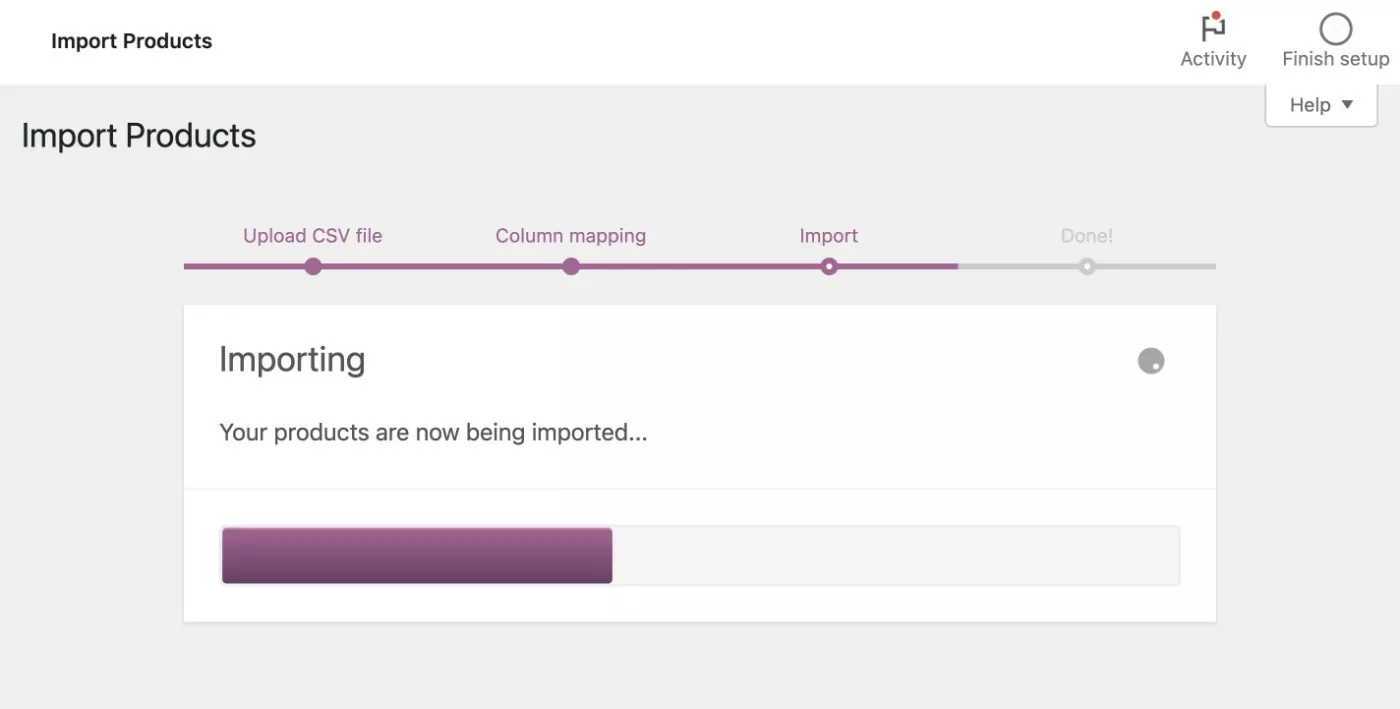 The screen while WooCommerce is importing products and images