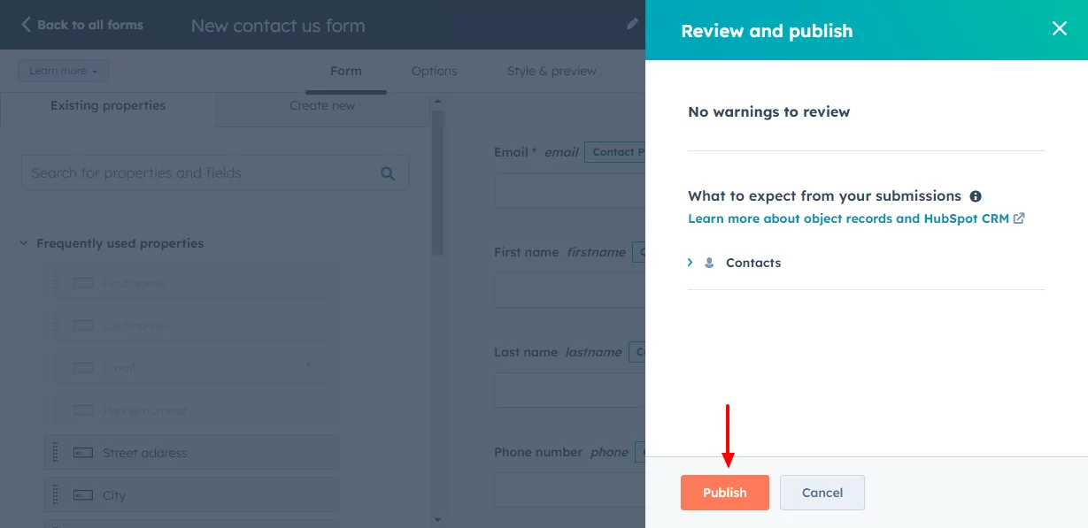 review and publish hubspot form