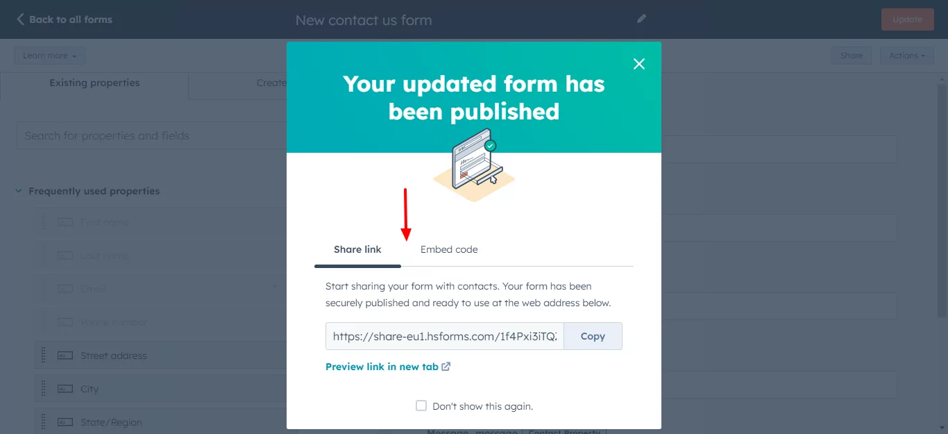 share or embed hubspot form