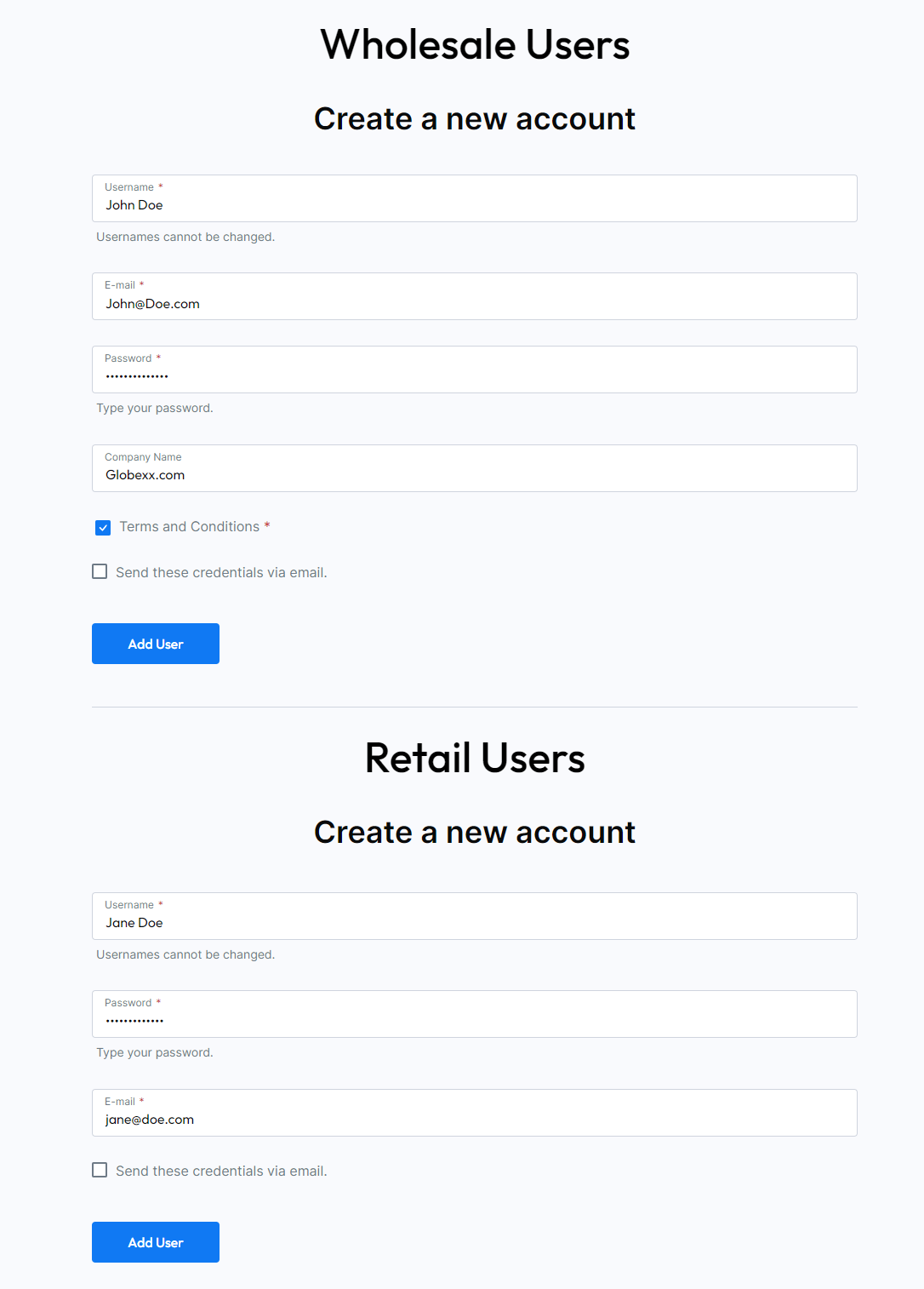 User roles forms