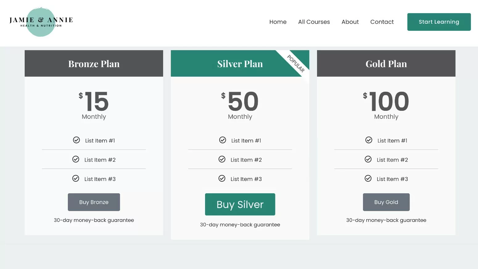 Example of an Elementor pricing table