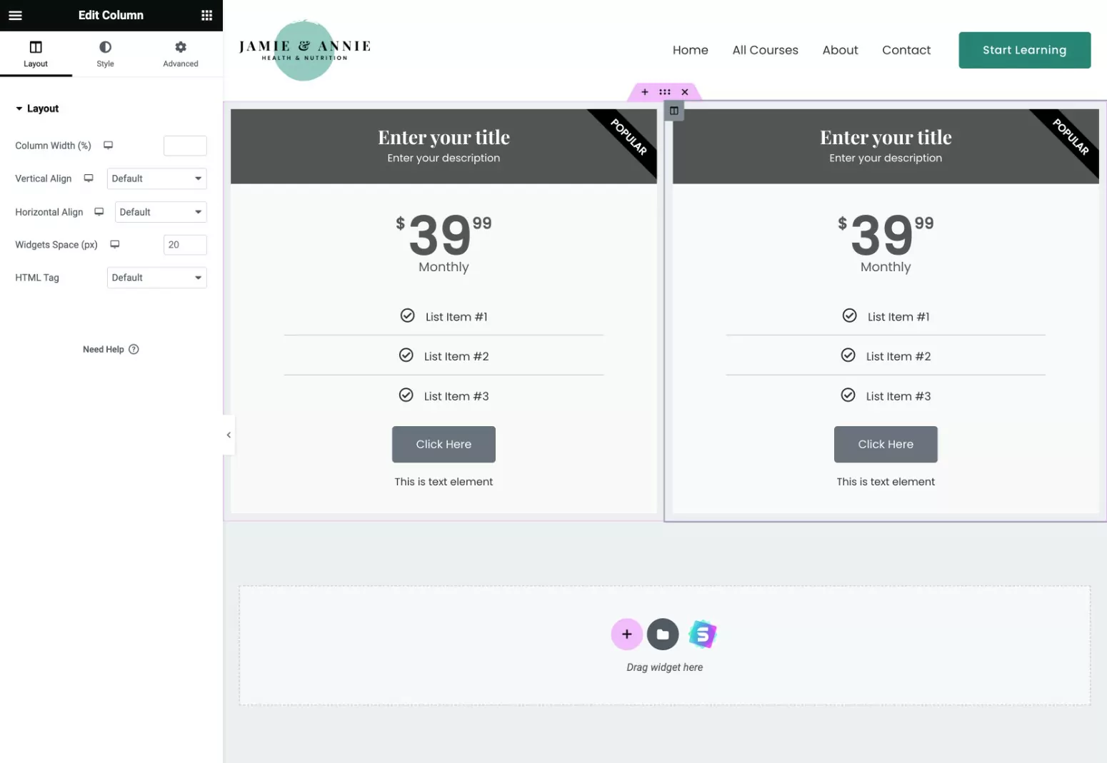 Repeat to create more pricing tables