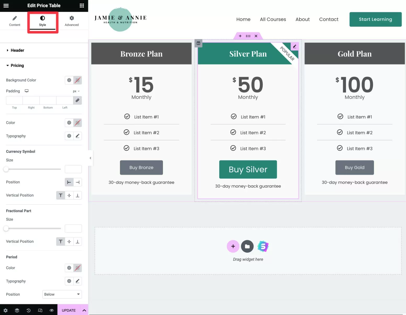 Edit Elementor pricing table style