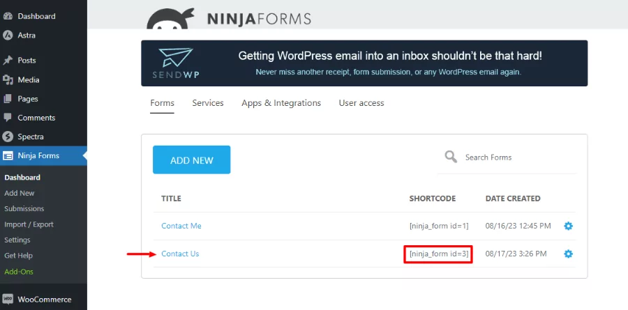new form in ninja forms dashboard