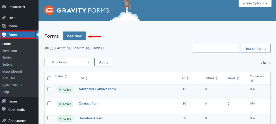 adding new form in gravity forms dashboard