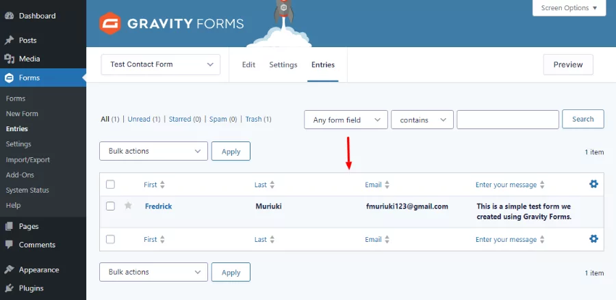 gravity forms entries page