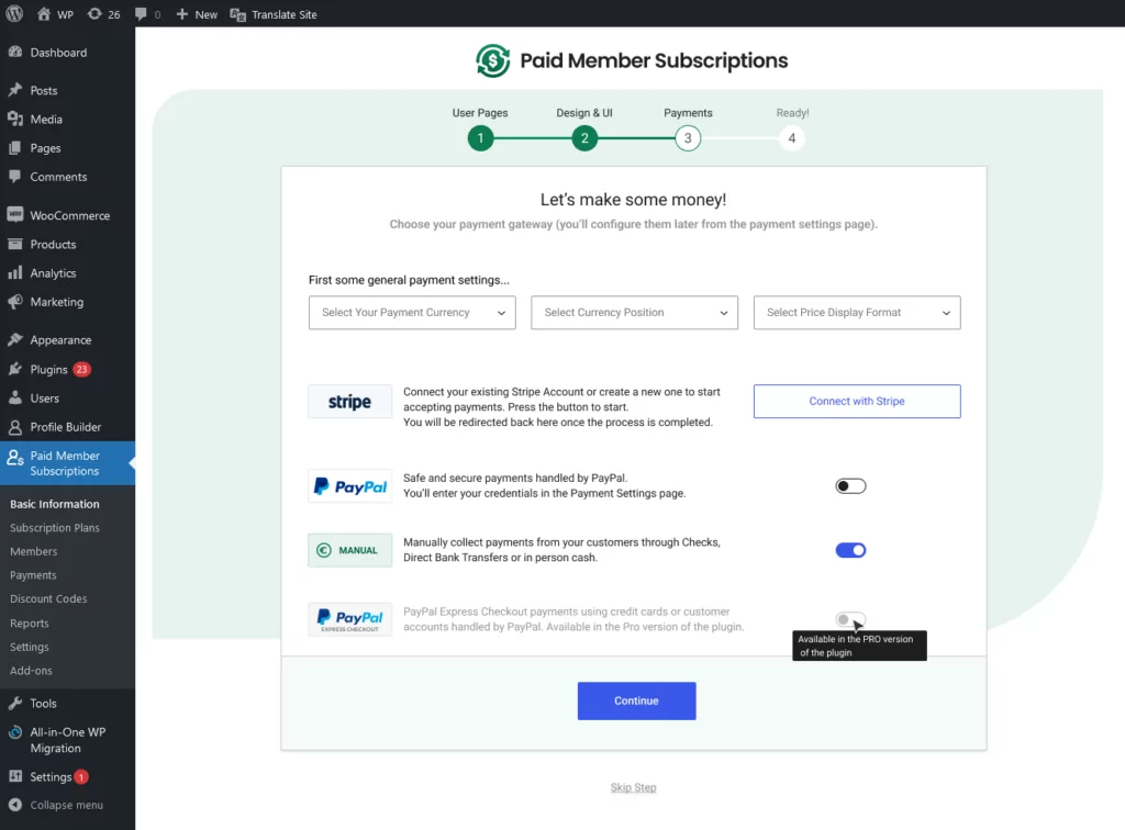 Paid Member Subscription setup wizard