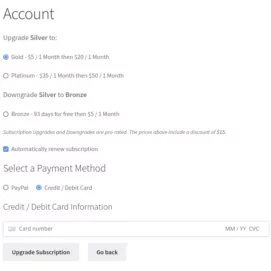 Subscription plans with pro rated prices on Account page