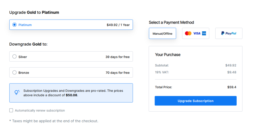 pro-rated subscription plans