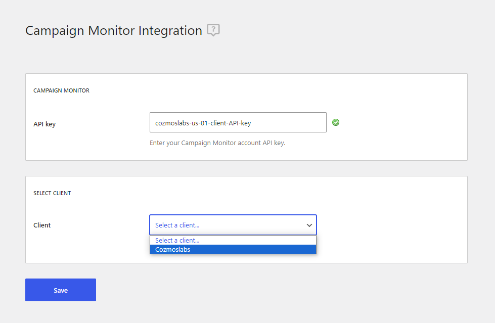 Campaign Monitor addon settings and client selection