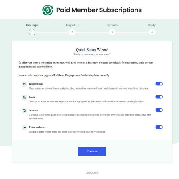 Plugin setup wizard - setting up user pages