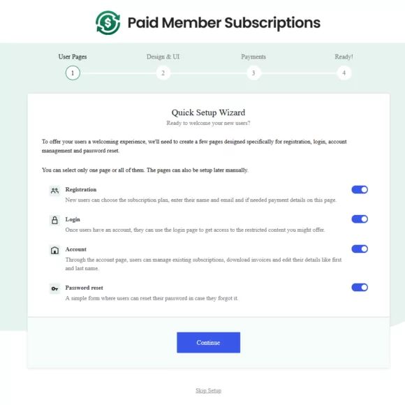 Plugin setup wizard - setting up user pages