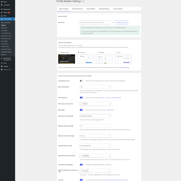 Profile Builder plugin settings page in WordPress dashboard