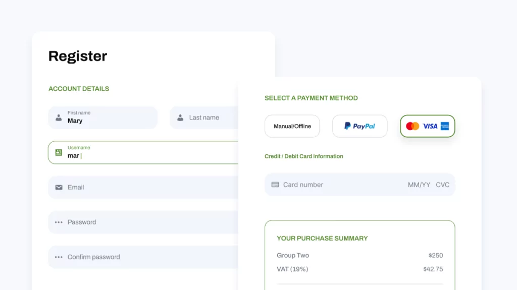 Registration form with payment options