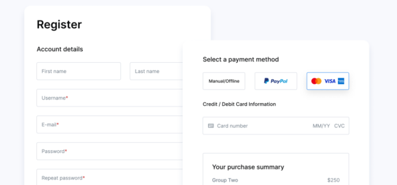 Registration form with payment options