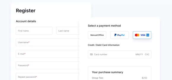 Registration form with payment options