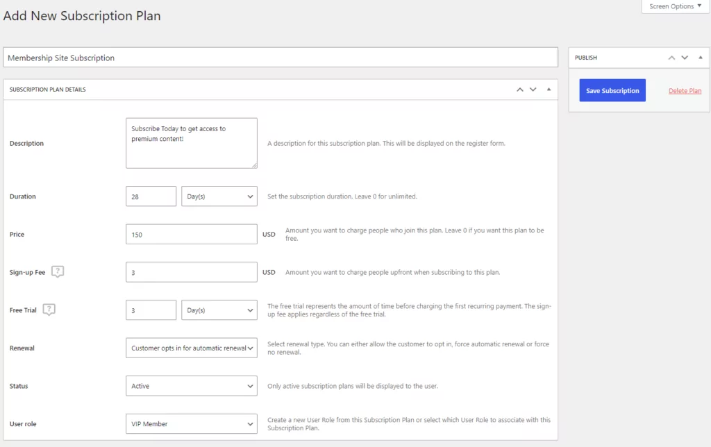 Create new subscription plan