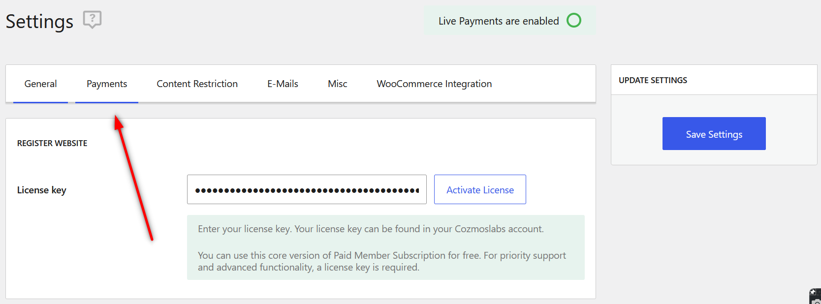 Paid Member Subscriptions payment settings