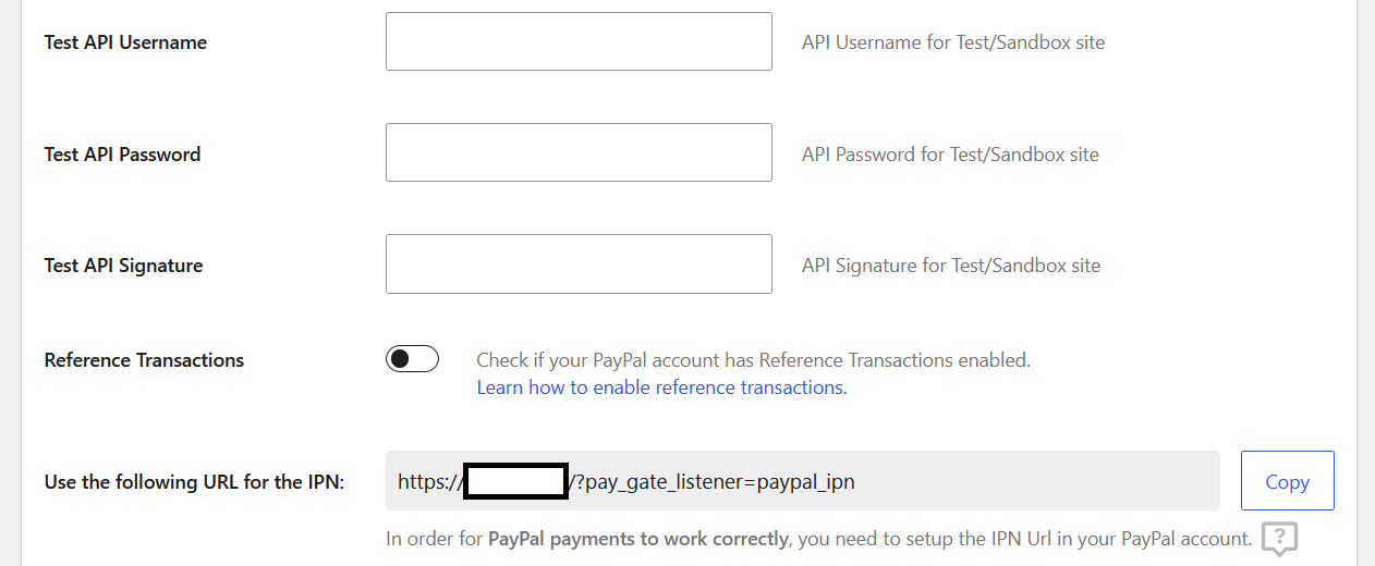 PayPal test payment settings
