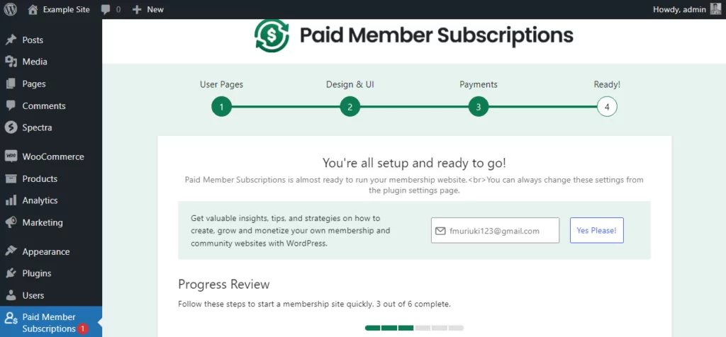 paid member subscriptions setup wizard final step