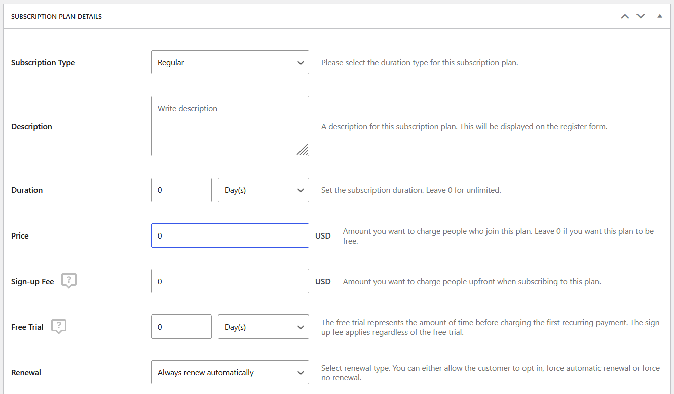 Subscription plan settings