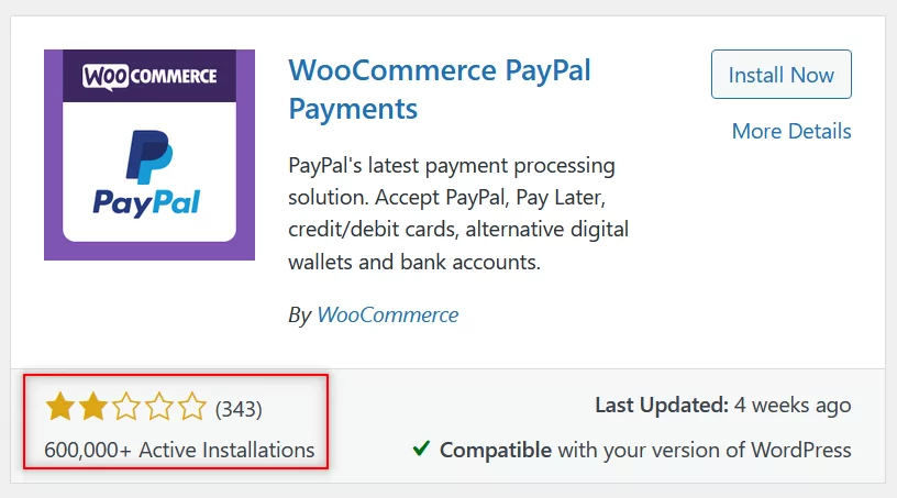 WooCommerce PayPal plugin ratings