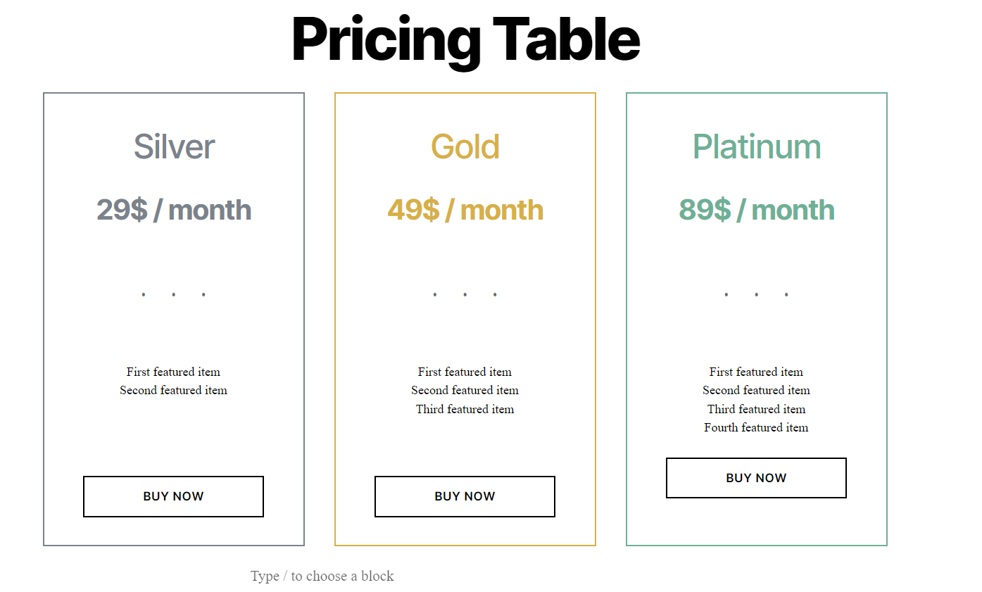 Customizing the pricing table