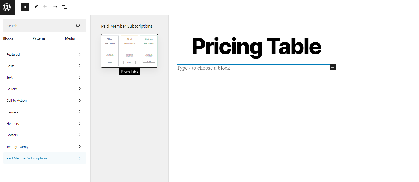 Manually inserting the pricing table