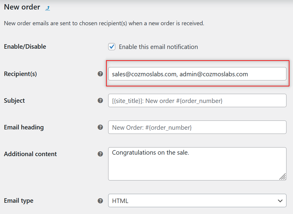 WooCommerce's default order notification emails functionality