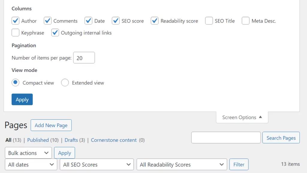 The Screen Options settings for pages in WordPress