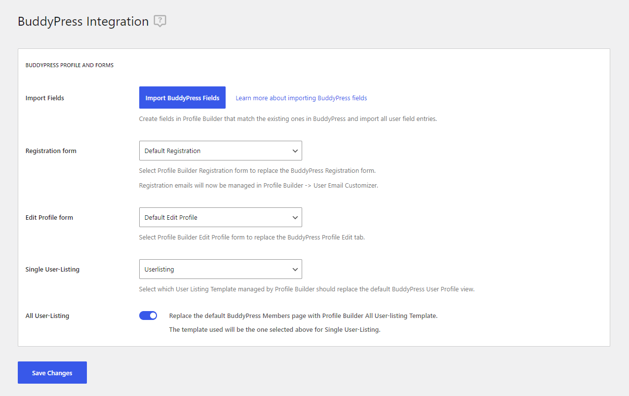 profile builder buddy press integration settings