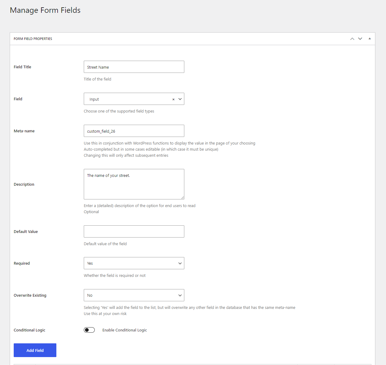 profile builder input field settings