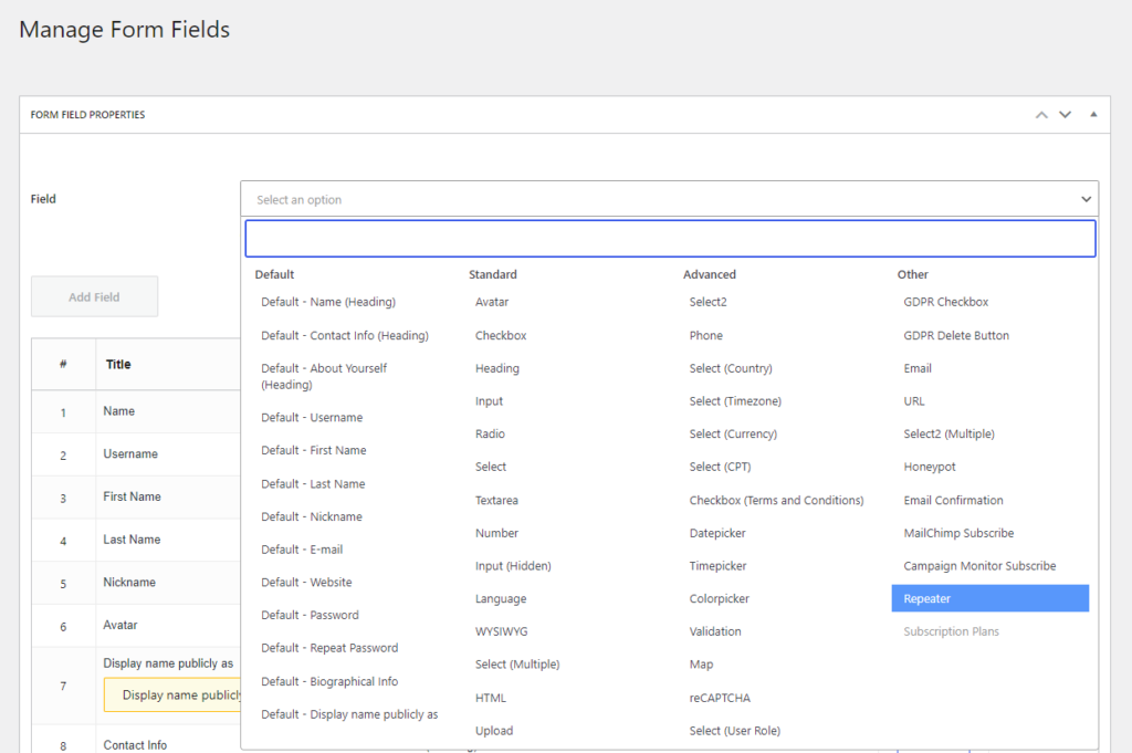 Repeater Fields Module from Profile Builder WordPress plugin
