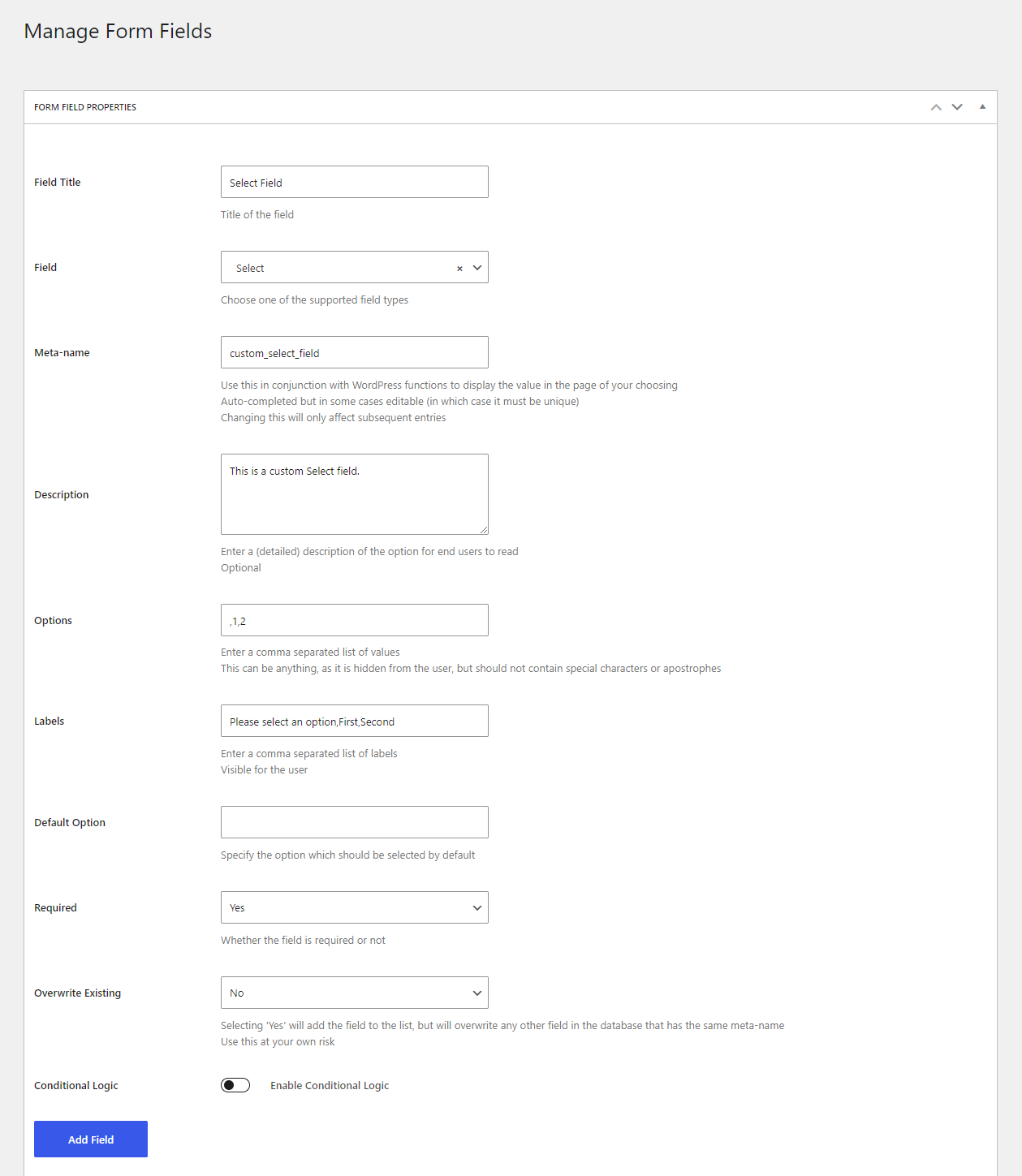profile builder select field settings empty first option