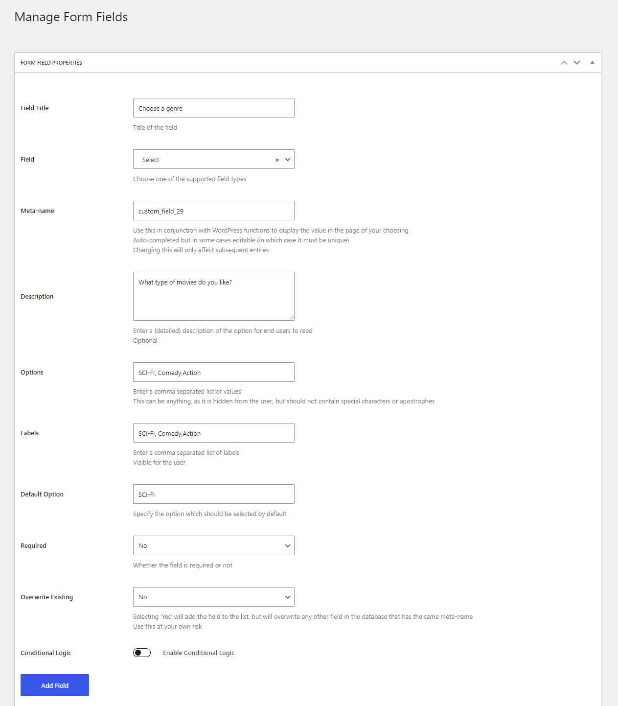 profile builder select field settings