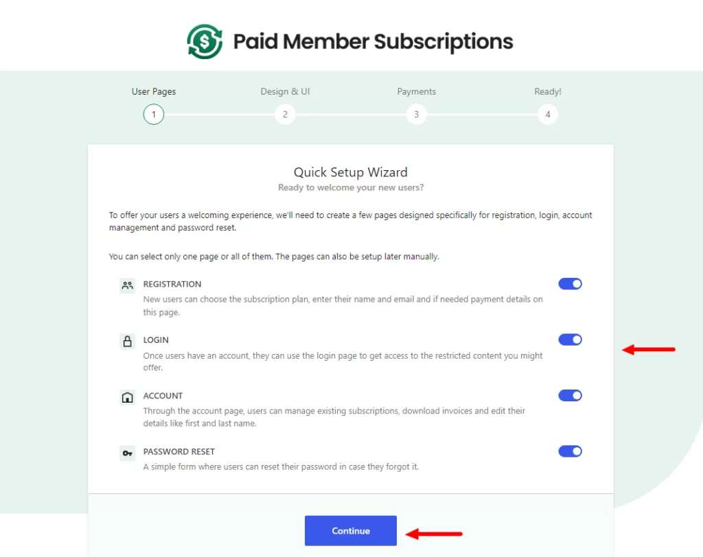 paid member subscriptions setup wizard page one