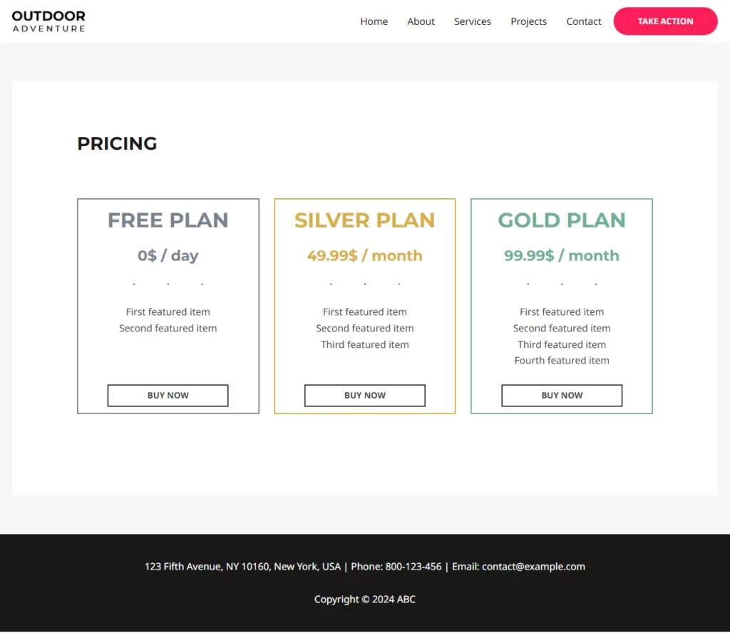 sample pricing page