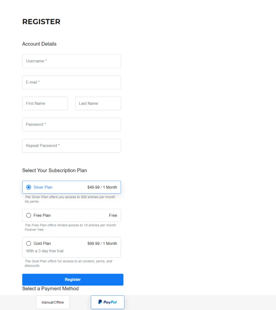 registration page for subcription business ideas