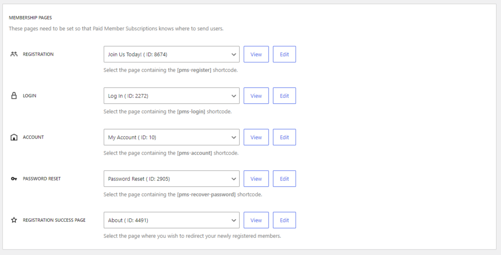 Membership pages settings