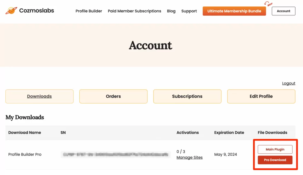 Download Profile Builder from Cozmoslabs account page