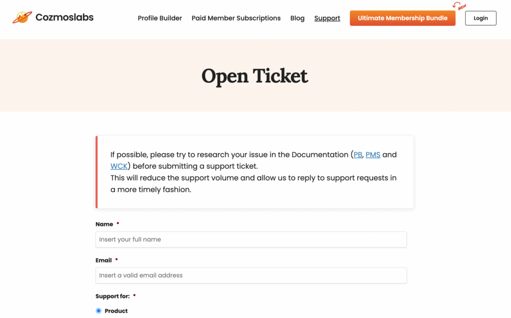 Cozmoslabs customer support ticket form