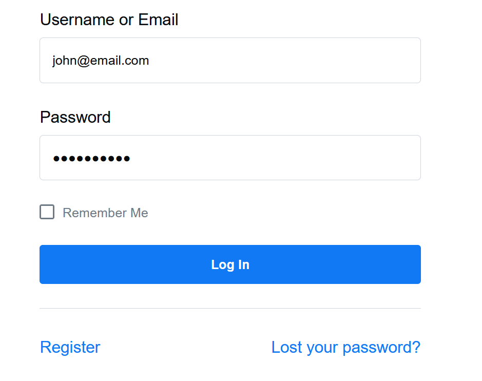 A login form including registration and lost password links