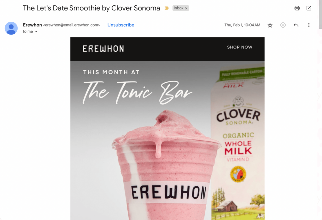 Erewhon monthly marketing email.
