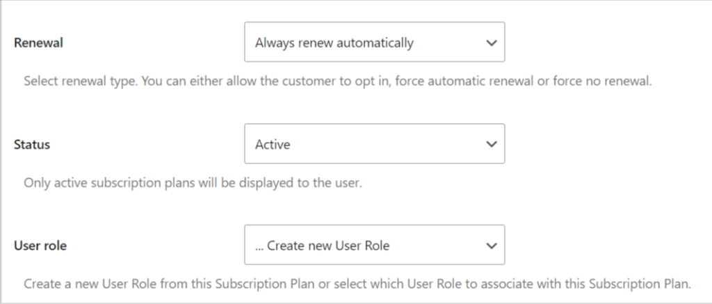 Configuring renewal settings for a subscription plan
