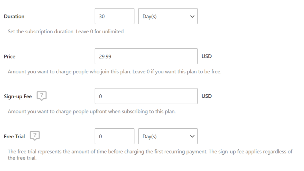Configuring a new subscription plan