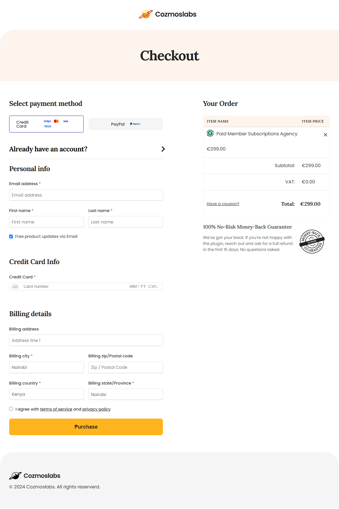 cozmoslabs checkout page